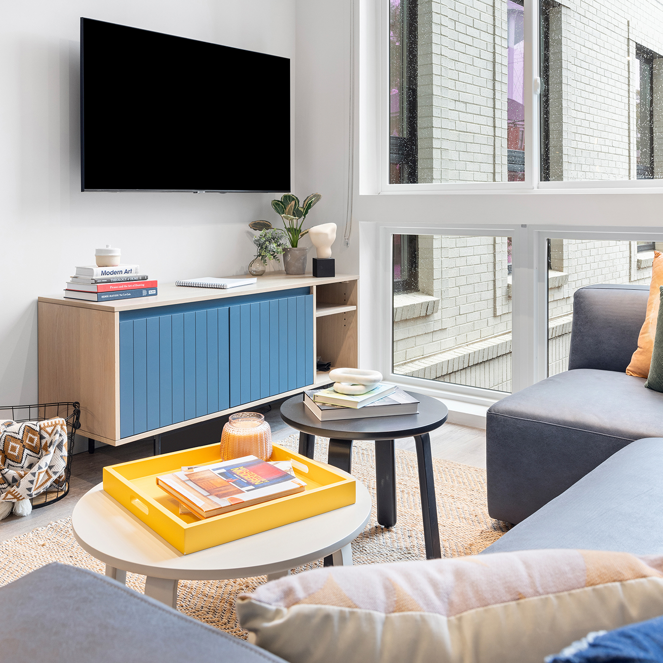 A living room with a TV