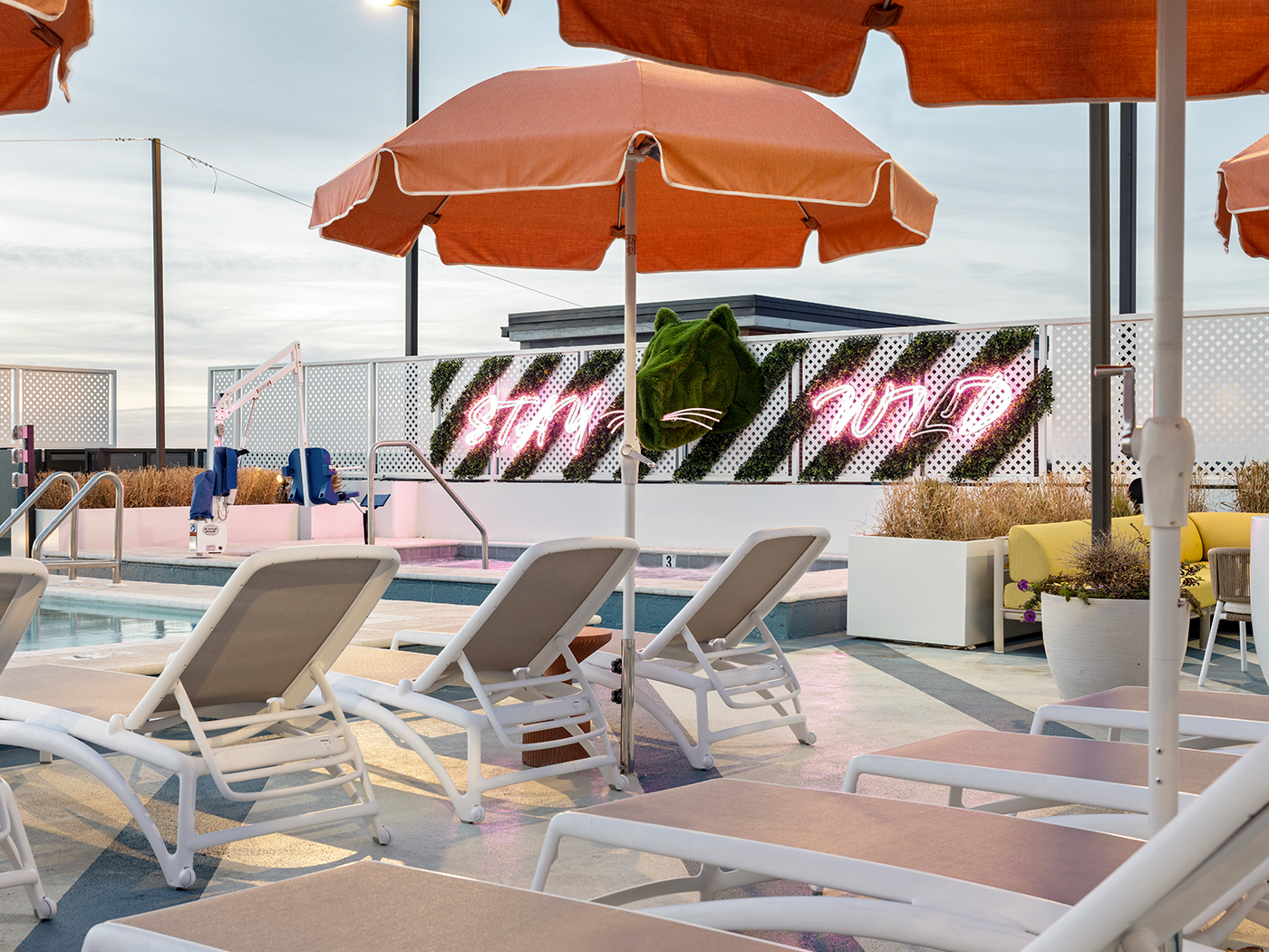 Poolside chairs and umbrellas