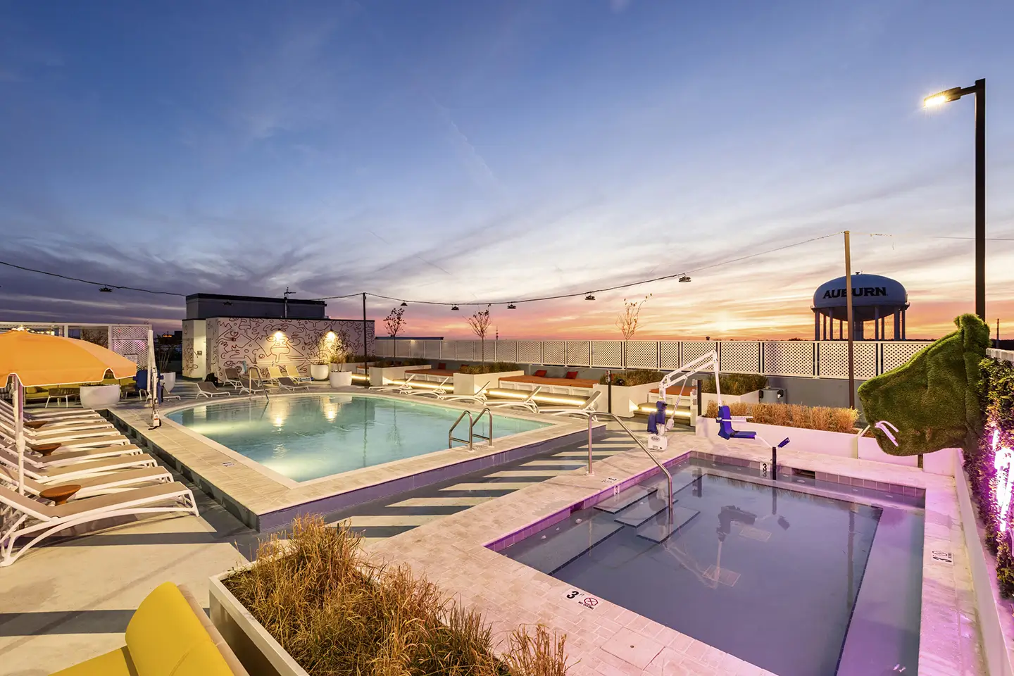 Rooftop pool and hot tub overlooking Auburn at ōLiv Auburn